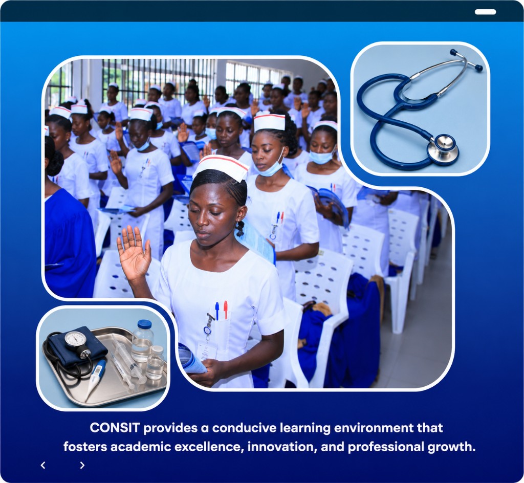 CONSIT nursing students at an induction ceremony with clinical training equipment