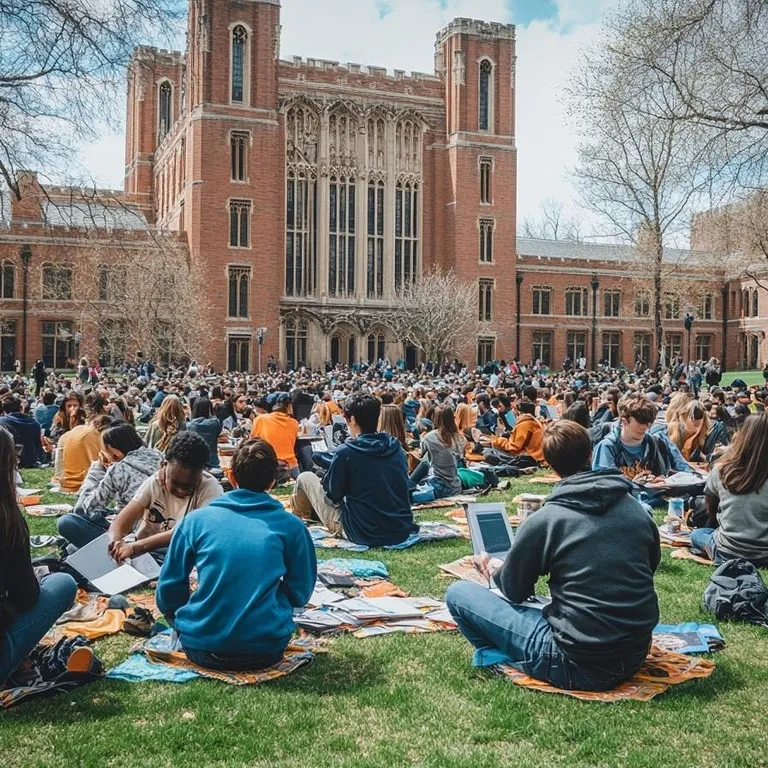 Students gathered on the campus lawn