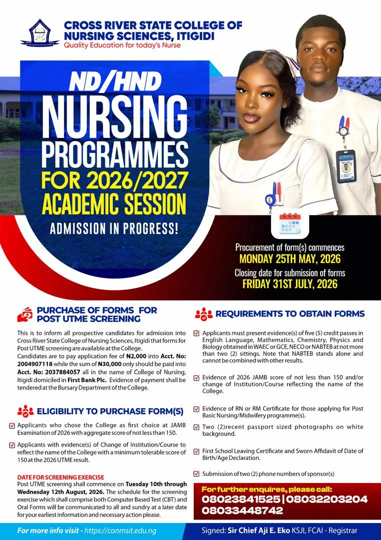 CONSIT ND/HND Nursing 2026/2027 admission flyer